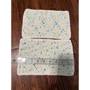 Hand Crocheted Dishcloths Set of 2 White Speckled Blue Green Yellow Hot Pads New